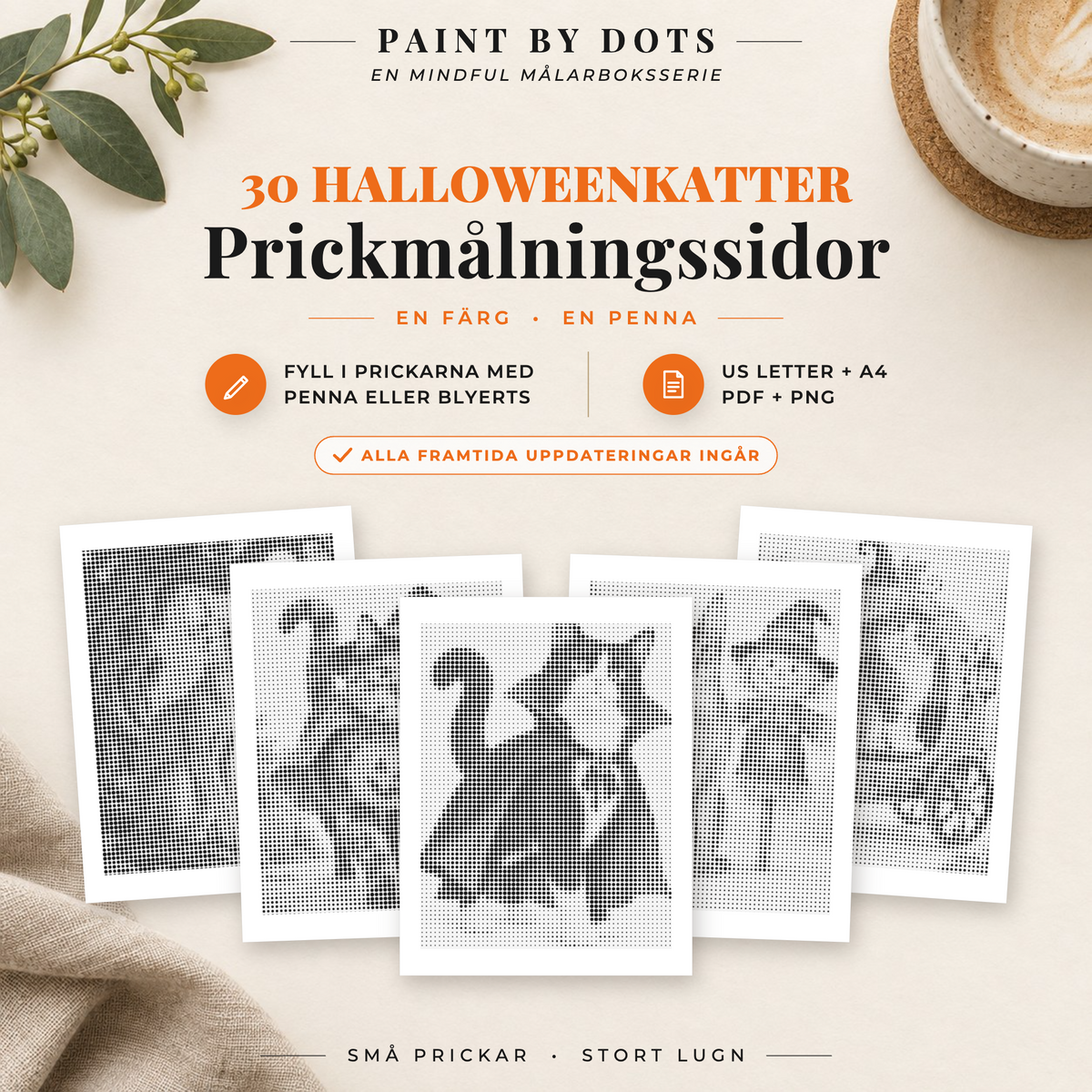 Omslag till prickmålningsbok med halloweenkatter, 30 utskrivbara motiv