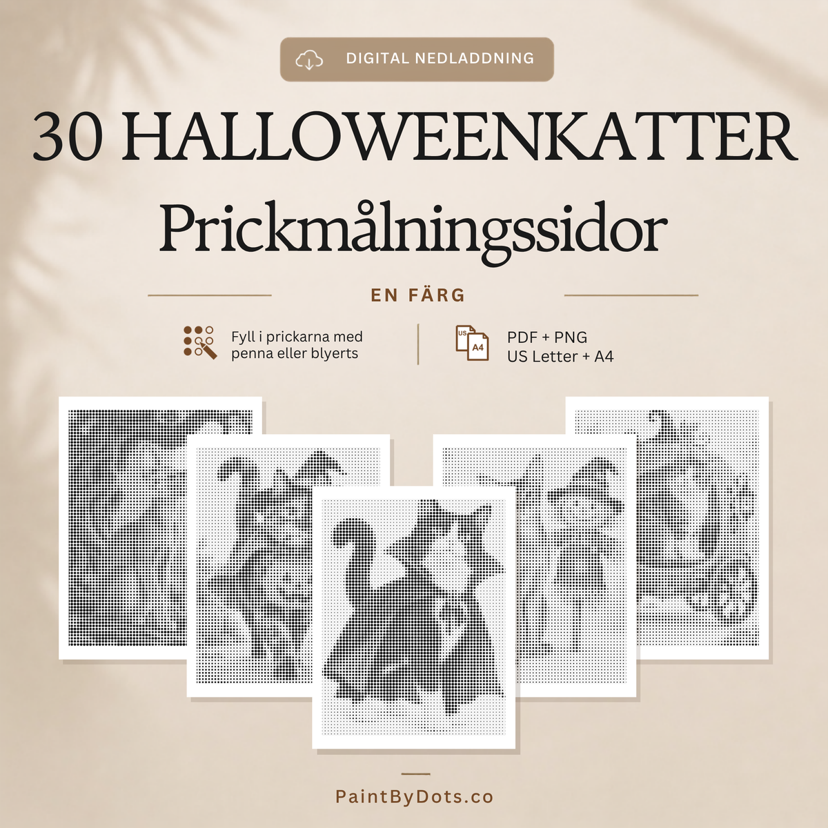 Prickmålningsbok med halloweenkatter, 30 utskrivbara PDF- och PNG-motiv