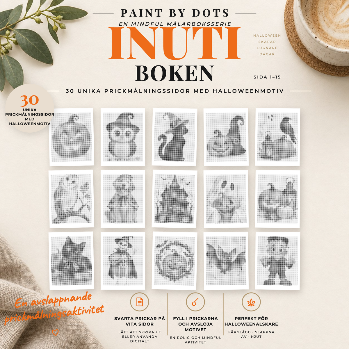 Prickmålning med halloweenmotiv – förhandsvisning av sidor 1–15