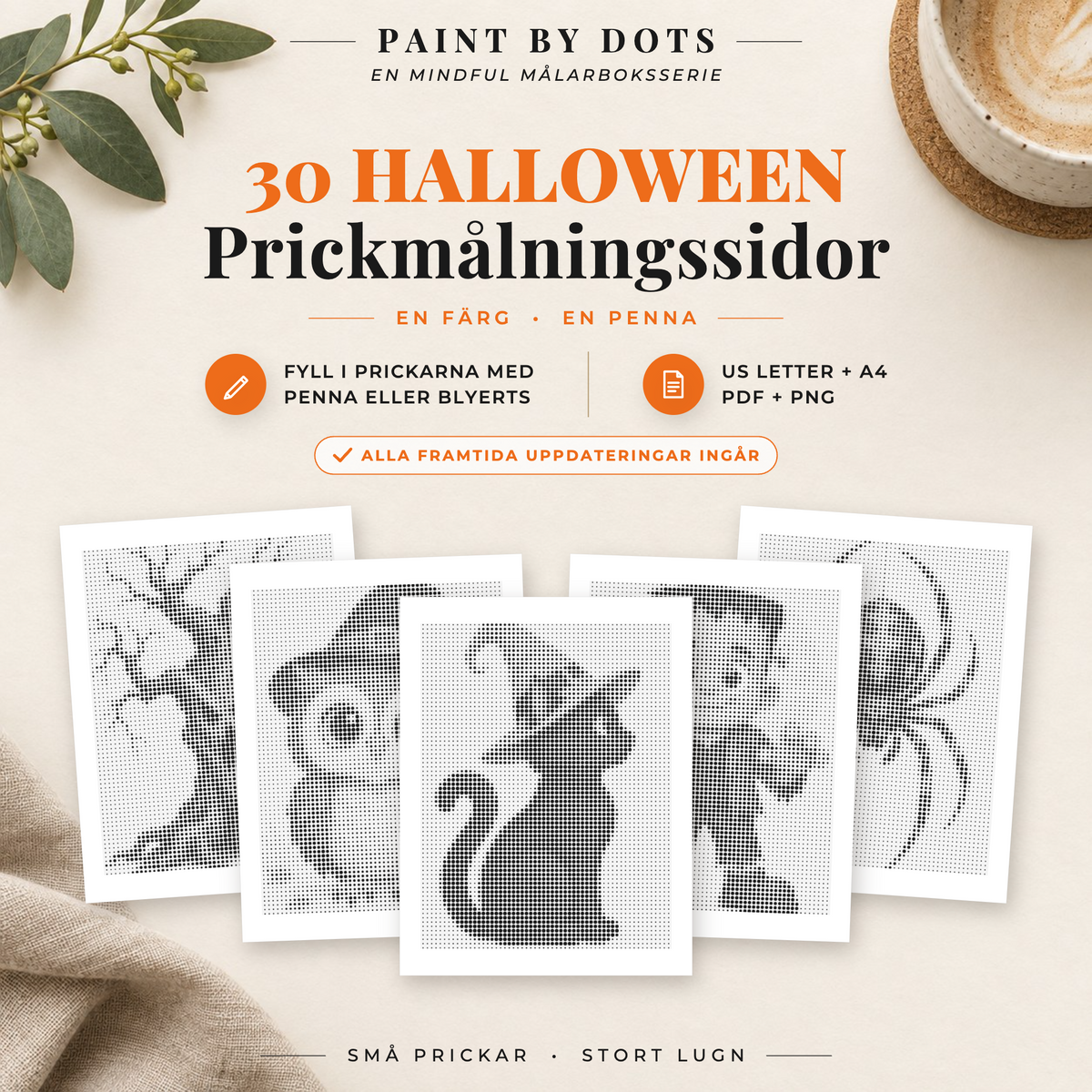 Omslag till prickmålningsbok för halloween med 30 utskrivbara motiv i PDF och PNG, A4 och US Letter