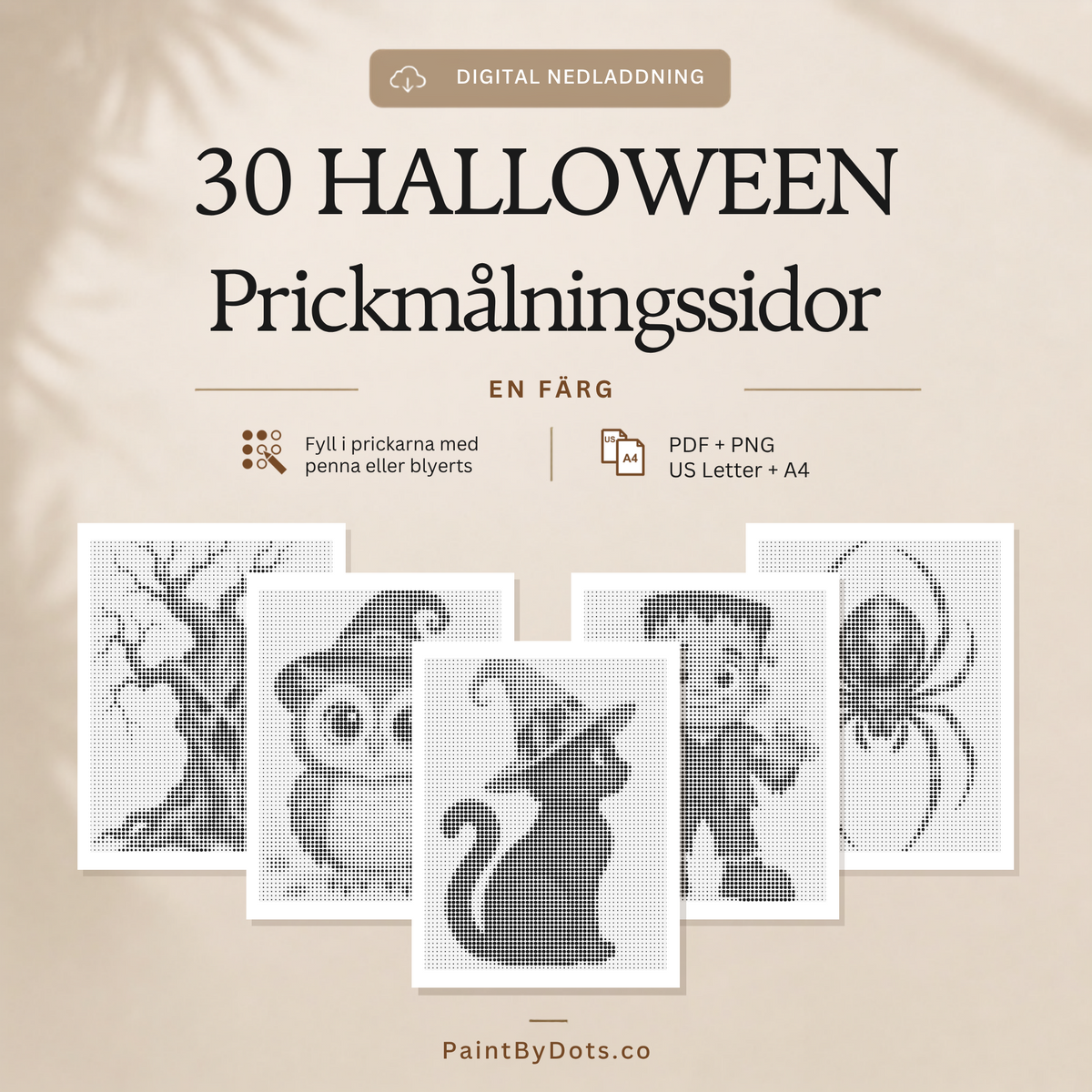 Omslag till prickmålningsbok för halloween med 30 utskrivbara motiv i PDF och PNG