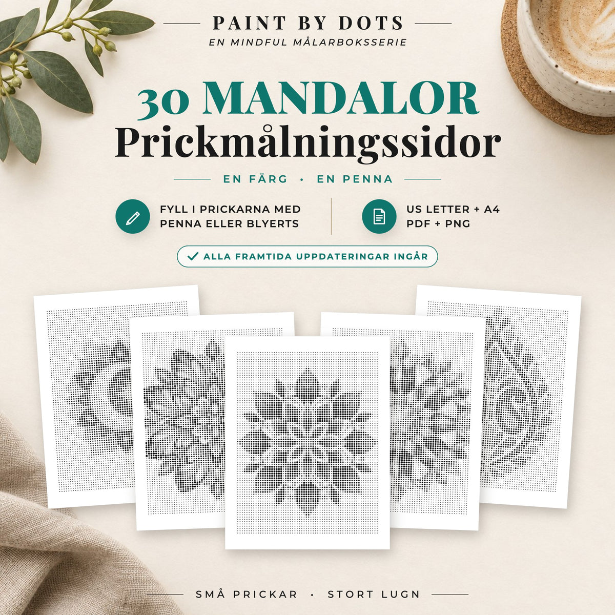 Omslag till Mandala prickmålningsbok med 30 utskrivbara mandalamotiv