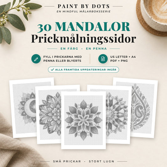 Omslag till Mandala prickmålningsbok med 30 utskrivbara mandalamotiv