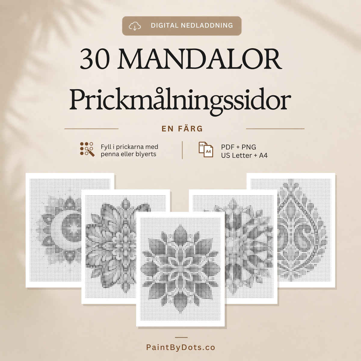 Mandala digital nedladdning med 30 utskrivbara prickmålningssidor (dot painting)