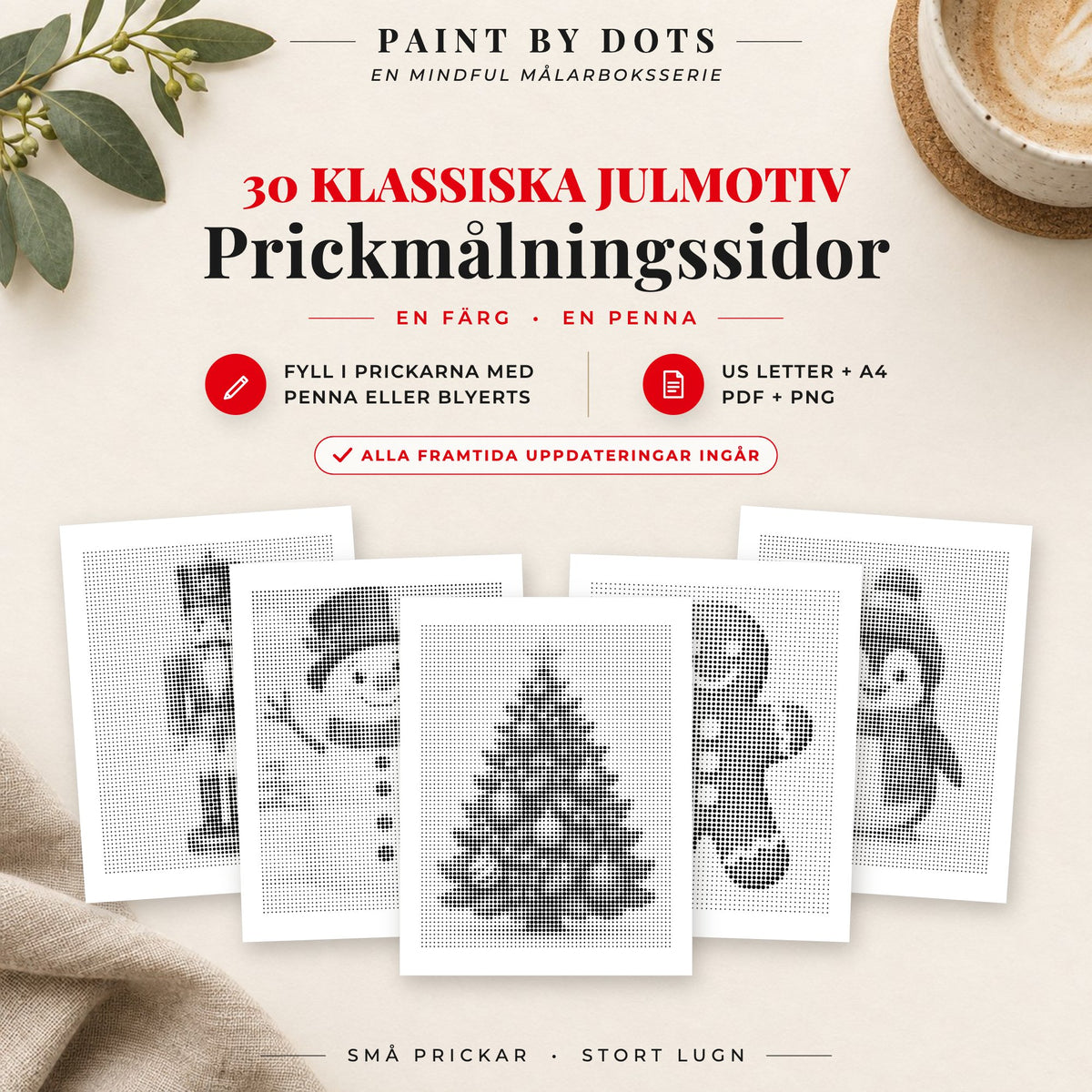 Omslag till Enkel jul prickmålningsbok med 30 utskrivbara nybörjarvänliga julmotiv