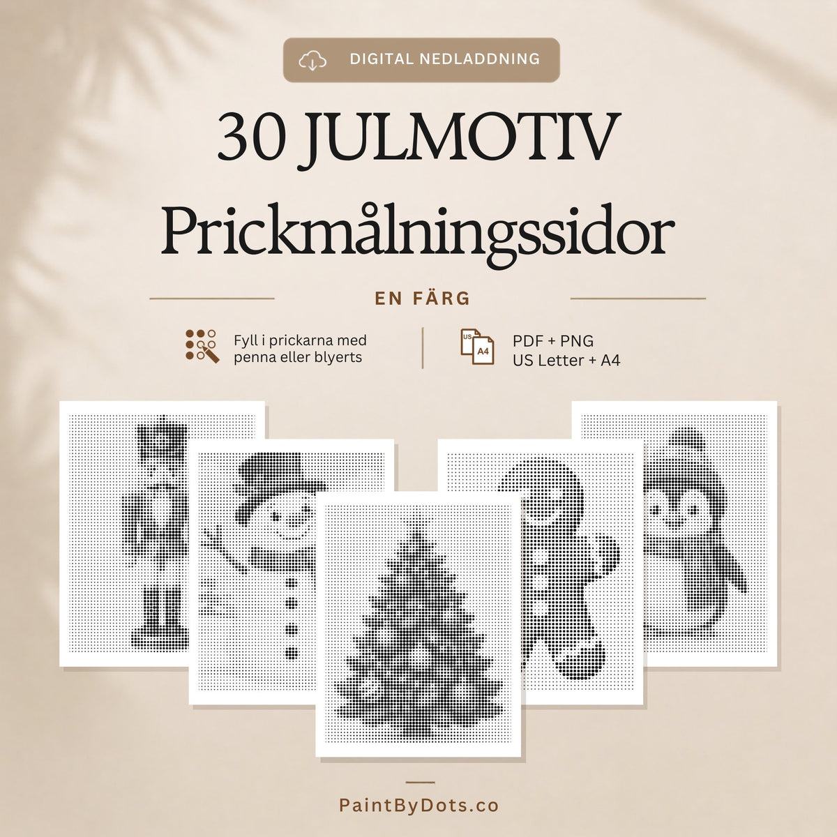 Enkel jul digital nedladdning med 30 utskrivbara prickmålningssidor (dot painting)