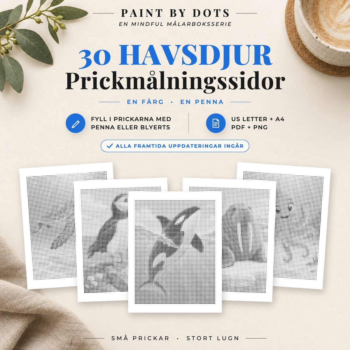 Omslag till Havsdjur prickmålningsbok med 30 utskrivbara havsdjursmotiv