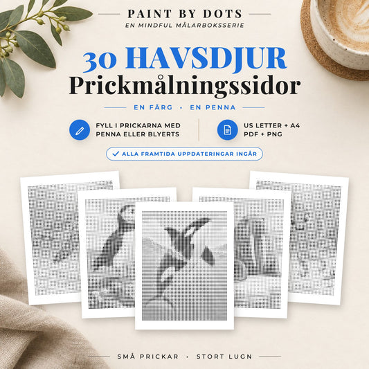 Omslag till Havsdjur prickmålningsbok med 30 utskrivbara havsdjursmotiv