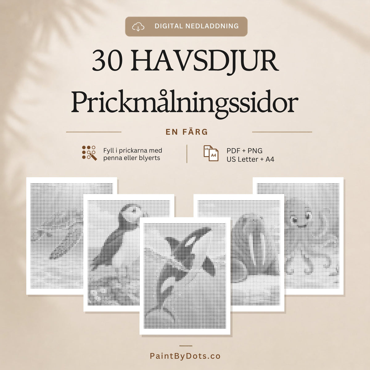 Havsdjur digital nedladdning med 30 utskrivbara prickmålningssidor (dot painting)