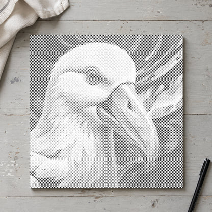Prickmålningen “Albatross”, sedd ovanifrån på ett arbetsbord i mjukt dagsljus.