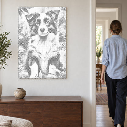 Prickmålningen “Border collie valp”, på en ljus vägg med en person som går genom dörren intill.