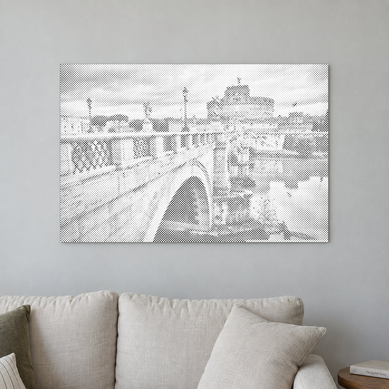 Prickmålningen “Castel Sant Angelo i Rom”, på en ljus vägg i ett rum med mjukt dagsljus.