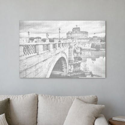 Prickmålningen “Castel Sant Angelo i Rom”, på en ljus vägg i ett rum med mjukt dagsljus.