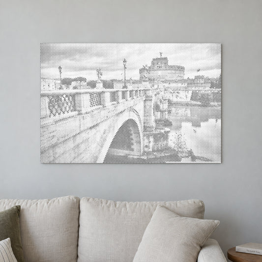 Prickmålningen “Castel Sant Angelo i Rom”, på en ljus vägg i ett rum med mjukt dagsljus.