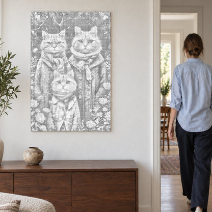 Prickmålningen “Kattfamilj”, på en ljus vägg med en person som går genom dörren intill.