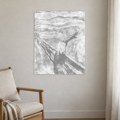 Prickmålningen “Skriet av Edvard Munch”, på en ljus vägg i ett rum med mjukt dagsljus.
