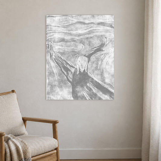 Prickmålningen “Skriet av Edvard Munch”, på en ljus vägg i ett rum med mjukt dagsljus.