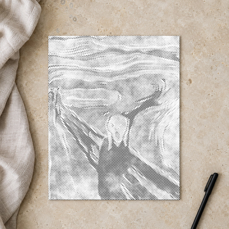 Prickmålningen “Skriet av Edvard Munch”, sedd ovanifrån på ett arbetsbord i mjukt dagsljus.