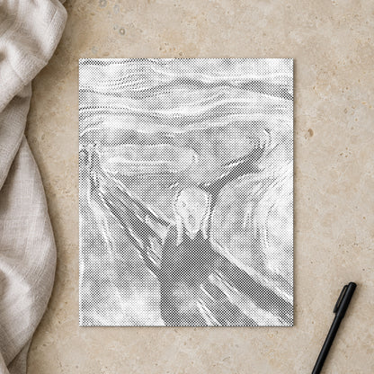 Prickmålningen “Skriet av Edvard Munch”, sedd ovanifrån på ett arbetsbord i mjukt dagsljus.