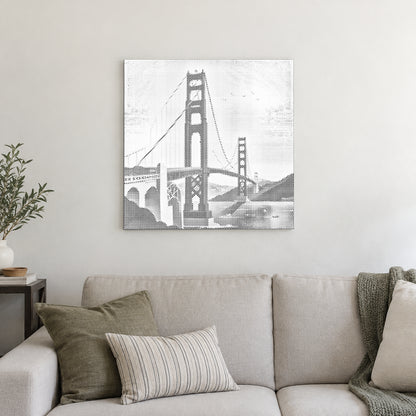 Prickmålningen “Golden Gate Bridge”, på en ljus vägg i ett rum med mjukt dagsljus.
