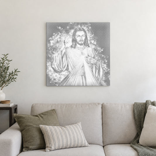 Prickmålningen “Jesus: fortsättningen”, på en ljus vägg i ett rum med mjukt dagsljus.