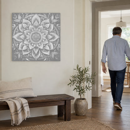 Prickmålningen “Modern mandala väggkonst”, på en ljus vägg med en person som går genom dörren intill.