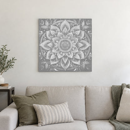 Prickmålningen “Modern mandala väggkonst”, på en ljus vägg i ett rum med mjukt dagsljus.