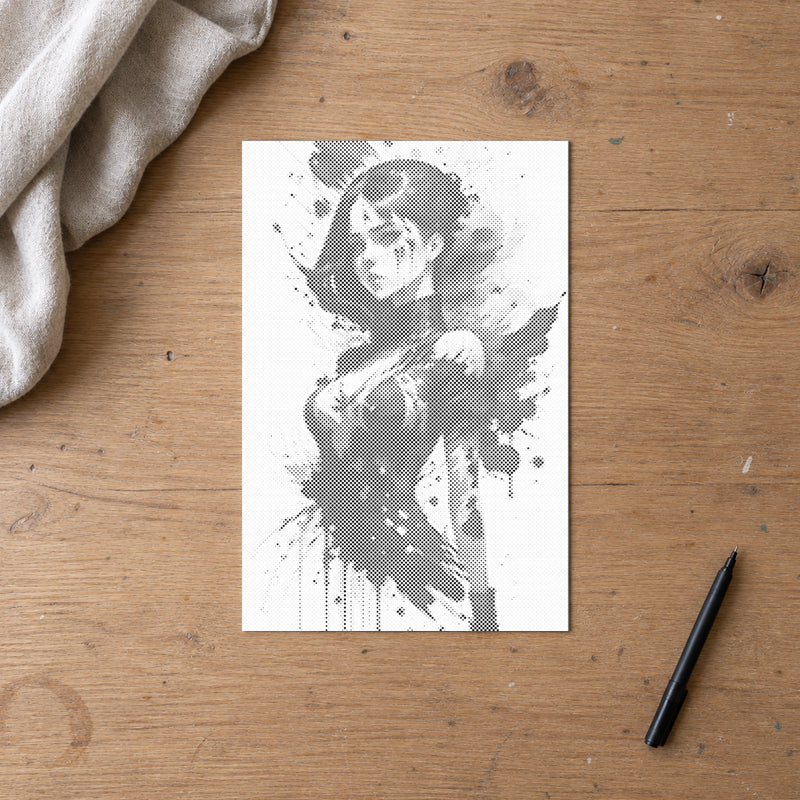 Prickmålningen “Provocerande kvinna”, sedd ovanifrån på ett arbetsbord i mjukt dagsljus.