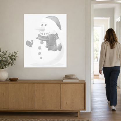 Prickmålningen “Snögubbe”, på en ljus vägg med en person som går genom dörren intill.