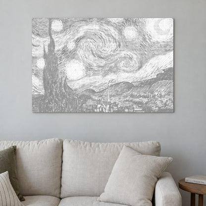 Prickmålningen “Stjärnenatt av Vincent van Gogh”, på en ljus vägg i ett rum med mjukt dagsljus.