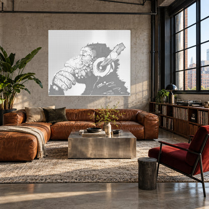 Prickmålning av en apa med hörlurar i ett industriellt loft med cognacsfärgad skinnsoffa och vinylskivor.