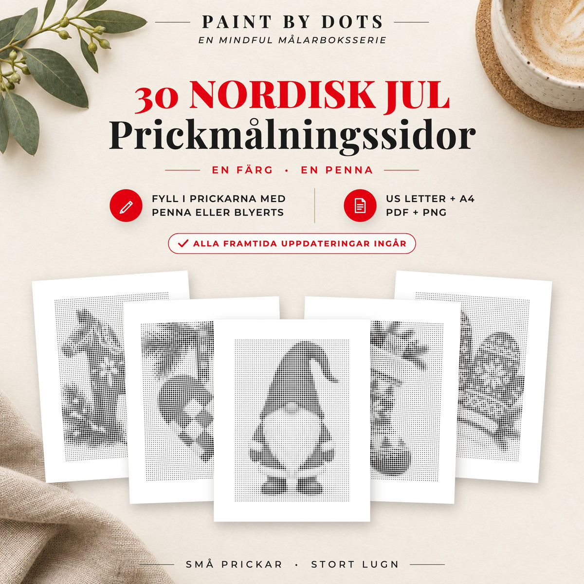 Omslag till Skandinavisk jul prickmålningsbok med 30 utskrivbara nordiska julmotiv
