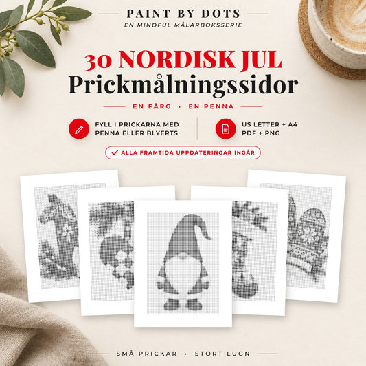 Omslag till Skandinavisk jul prickmålningsbok med 30 utskrivbara nordiska julmotiv