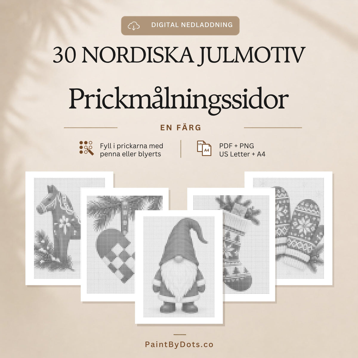 Skandinavisk jul digital nedladdning med 30 utskrivbara prickmålningssidor (dot painting)