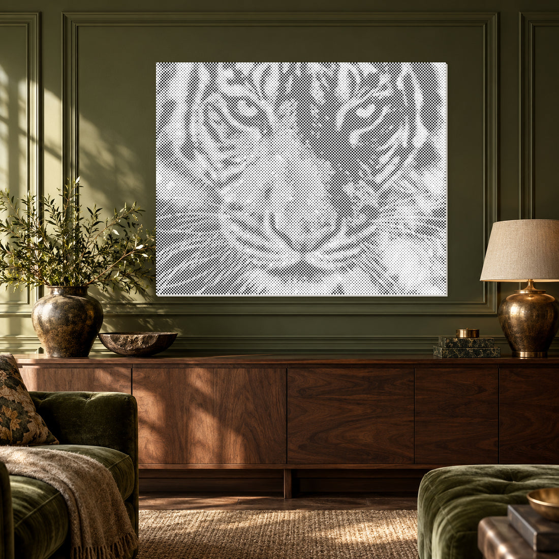 Vild majestät: Prickmålning av en tiger i närbild mot en olivgrön panelvägg ovanför en konsol i valnöt.