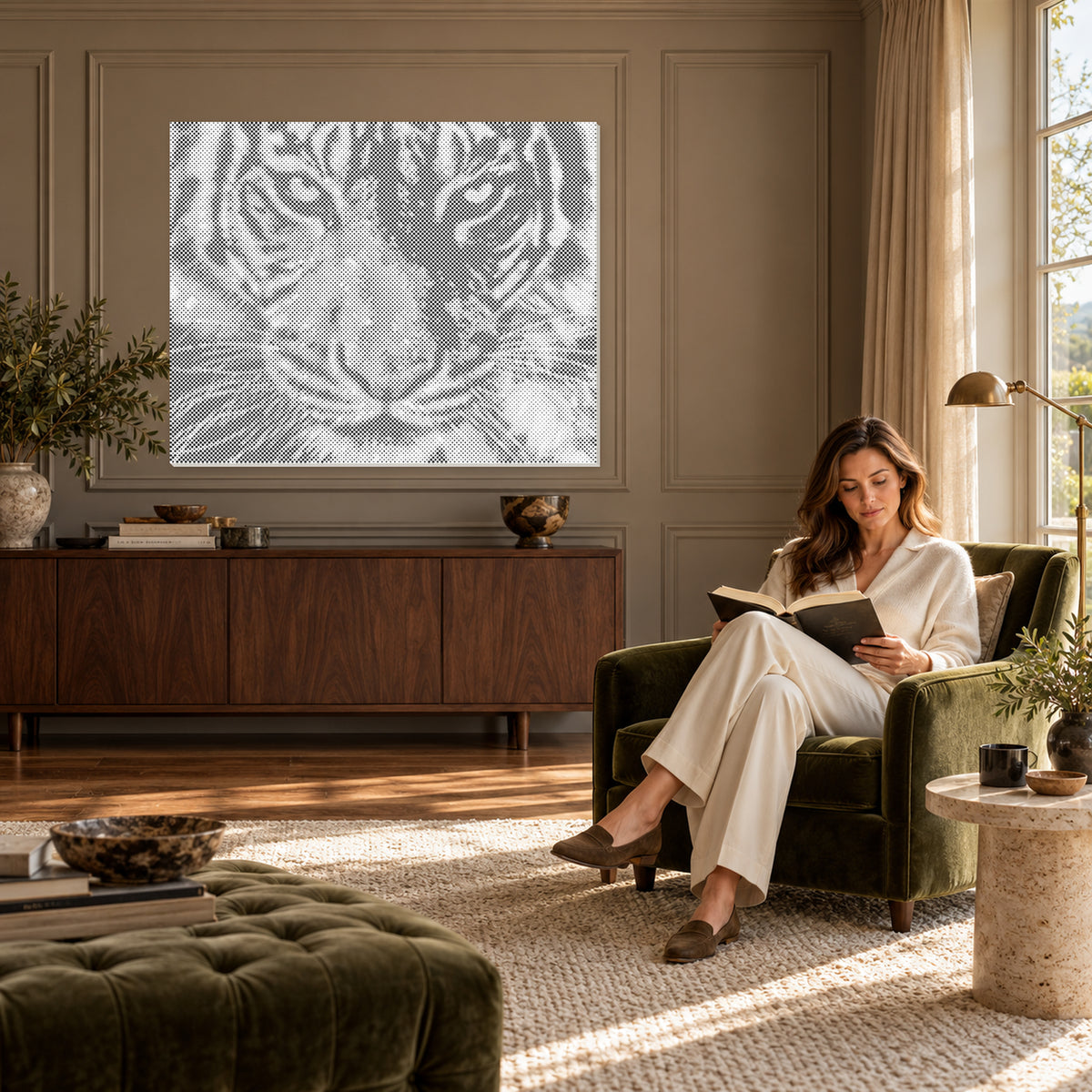 Vild majestät: Prickmålning av en tiger i ett läsrum med taupefärgade väggpaneler och en kvinna sittande intill.
