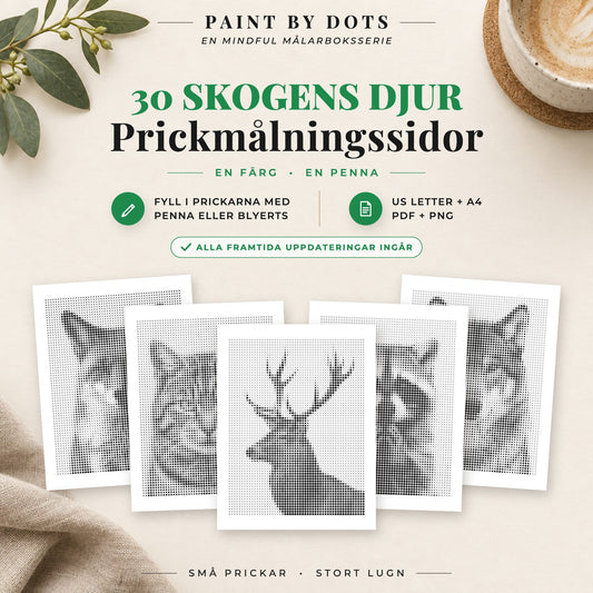 Omslag till Skogsdjur prickmålningsbok med 30 utskrivbara skogsdjursmotiv