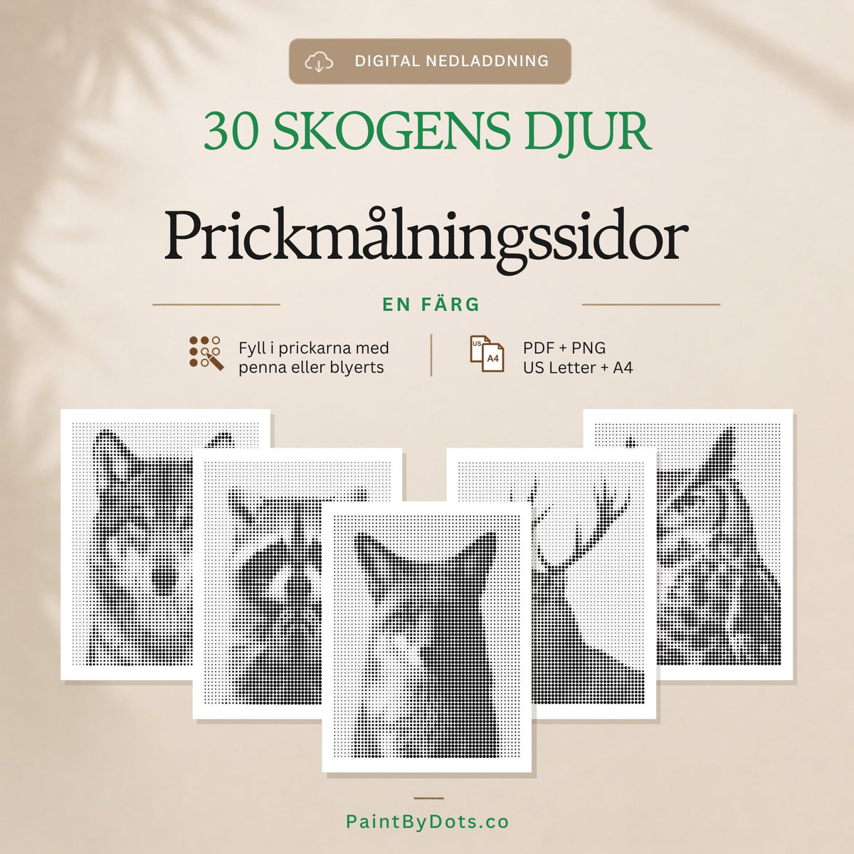 Skogsdjur digital nedladdning med 30 utskrivbara prickmålningssidor (dot painting)